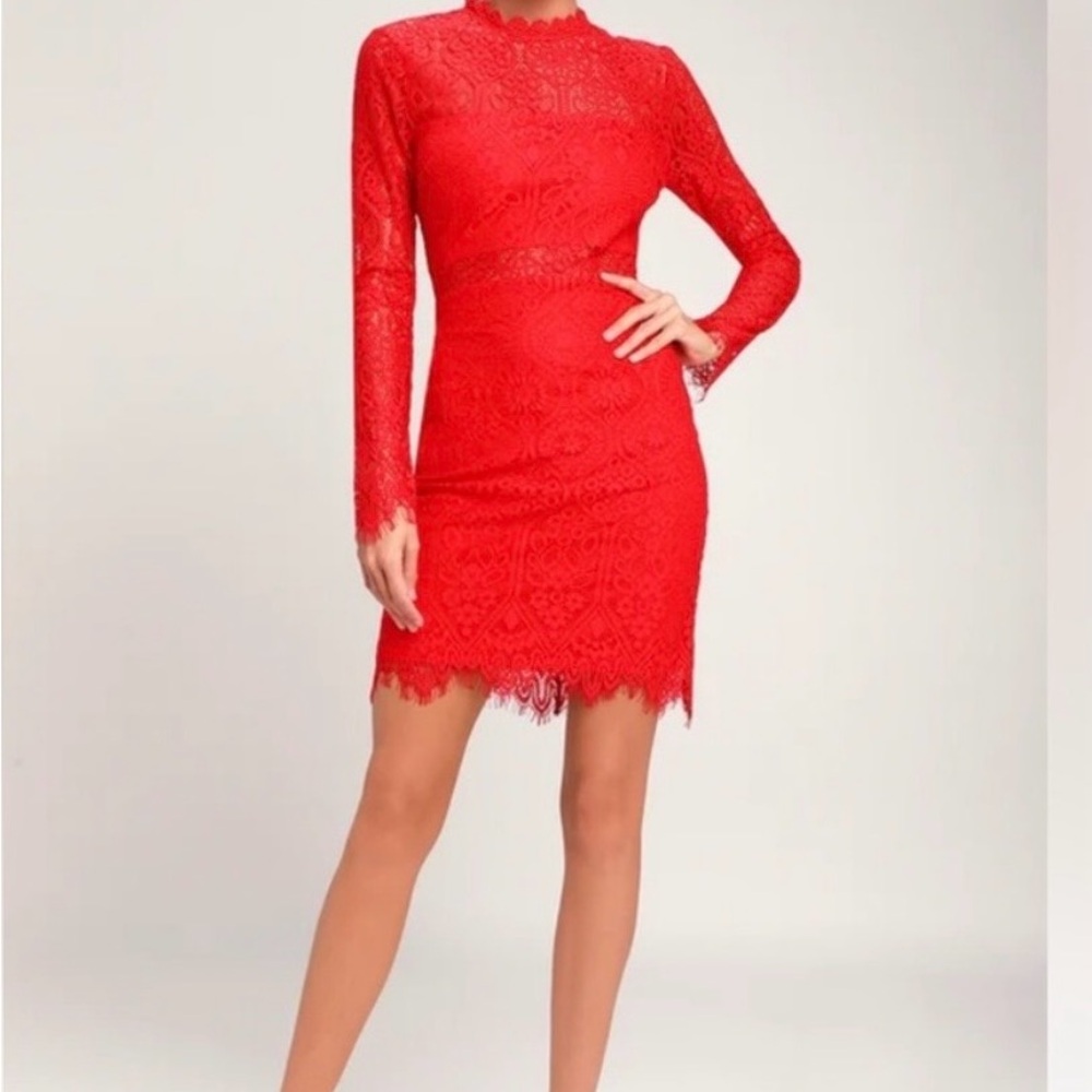 Lulu's Vibrant Red Lace Long Sleeve Dress